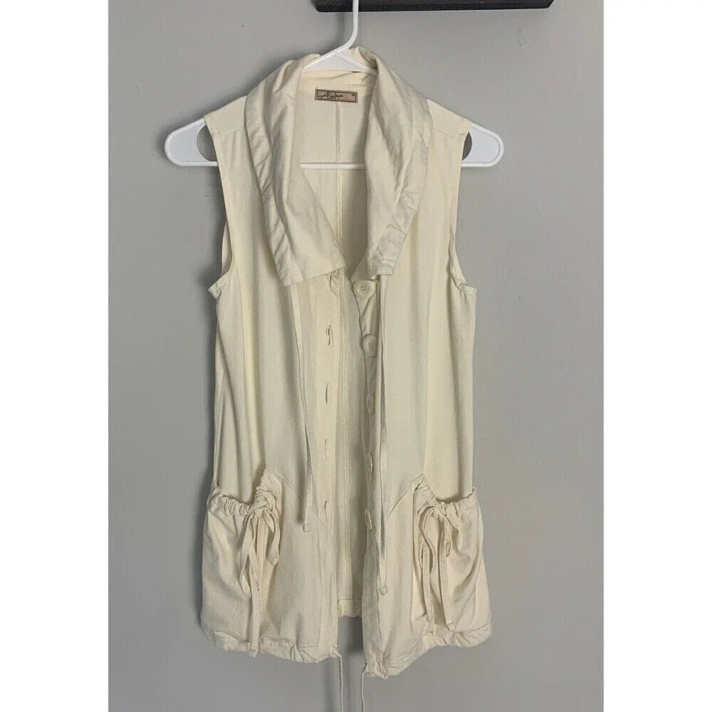Aloha Sleeveless Cream  Top Collared Button Down ‎  Drawstrings Big Pockets Med